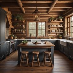 a kitchen with wooden walls and flooring has two stools at the center of the island