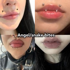 three different pictures of the same woman's lips and nose piercings on their mouths