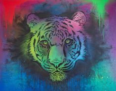 a colorful painting of a tiger on a blue, green, pink and purple background