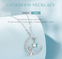 Crafted with care, this Sterling Silver Opal Cat Moon Necklace is an enchantment of whimsy and delight. The curved moon is dotted with sparkling zircons, while mischievous kitty sits atop reaching out her tiny paws for the crystal moonstone stars. Show off your girly heart with this funny and cute necklace! 💕 Comes with an exquisite gift box, making it the perfect present for Mom, daughter, Aunt, Sisters, and friends... ❤ Length：45cm（Adjustable)，Pendants size：2*1.6cm.❤ Material: 925 Silver & Pa Best Friends Necklaces Moon, Luxury Moon-shaped Wedding Necklace, Luxury Moon-shaped Women's Necklaces, Luxury Moon Shaped Necklace Gift, Luxury White Moon Shaped Necklace, Luxury White Moon-shaped Necklace, Sister Necklaces For 2, Cat Moon, Sister Necklace