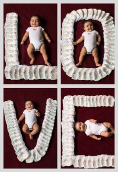 four pictures of a baby in a diaper laying on top of a letter made out of plastic bottles