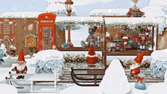 a christmas scene with santas in the snow and a red phone booth on the corner