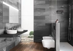 a bathroom with two sinks, a toilet and a cactus in the shower stall area