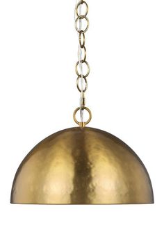 a brass colored pendant light hanging from a chain