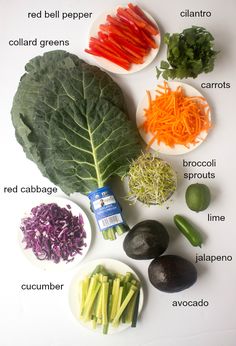 the ingredients for this salad include carrots, broccoli, cabbage, red cabbage, avocado, bell pepper, cucumber, and cilantro