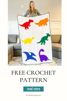 a woman is holding up a crochet pattern for a dinosaur quilt with the words, free crochet pattern read more