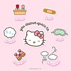 the hello kitty sticker sheet is shown in pink and has many different things on it