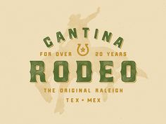 the logo for rodeo is shown in green and yellow colors with an image of a man riding a horse