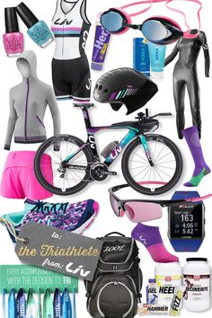 a collage of various sports items including a bike