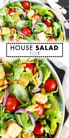 a salad with lettuce, tomatoes and chicken is shown in two separate bowls