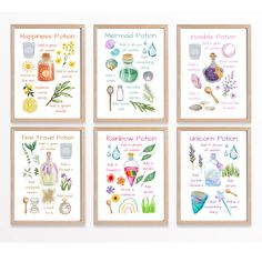 four framed art prints with different items on them, each featuring herbs and other things