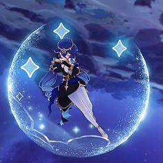 an anime character is standing in front of a blue moon with stars and clouds behind her