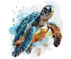 a watercolor painting of a sea turtle in blue, orange and yellow colors on a white background