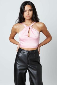 Pink Crop Tops Glamorous Satin Halter Neck Top, Glamorous Satin Halter Top, Stretch Satin Halter Top For Party, Party Satin Stretch Halter Top, Pink Satin Top For Evening, Stretch Satin Halter Neck Top, Trendy Spring Halter Top For Evening, Trendy Spring Evening Halter Top, Spring Satin Halter Top For Night Out