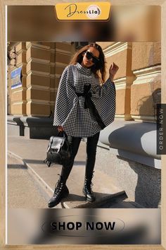 Fashion Autumn and Winter New Ladies Coat Houndstooth Woolen Coat Loose Lace Cape Cloak Top Coat Women Trendy Gingham Long Sleeve Outerwear, Chic Gingham Long Sleeve Outerwear, Fall Gingham Outerwear With Long Sleeves, Chic Gingham Outerwear For Fall, Gingham Long Sleeve Outerwear For Work, Ladies Coat, Cape Cloak, Cloak Coat, Lace Cape