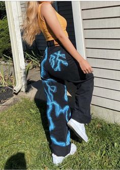 Blue Lightning Jeans Lightning Jeans, Lightning Pants, Custom Painted Jeans, Hand Painted Jeans, Custom Jeans Diy, Clout Collection, Diy Pants, Painted Clothes Diy, Blue Lightning