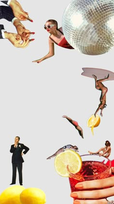 a collage of photos with people in the air, lemons and cocktail glasses