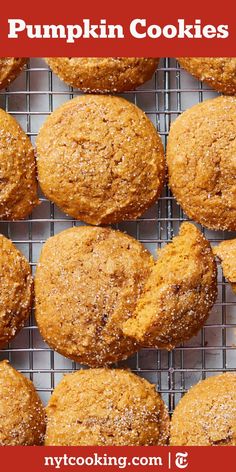 pumpkin cookies cooling on a wire rack with text overlay that reads, pumpkin cookies