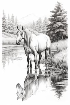 a horse is standing in the water near some trees and grass with its reflection on the water