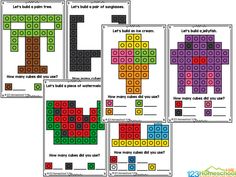 four different colored legos puzzles with the words let's build a pattern on them