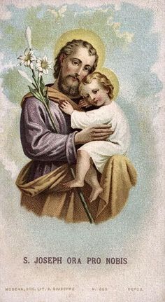 an image of the saint joseph holding a baby jesus with flowers in his lap and text that reads, 5 joseph ora pro nobis