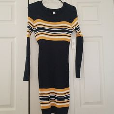 New!!! Striped Navy And Mustard Long Sleeve Knit Dress! Casual Yellow Ribbed Dress, Long Sleeve Knit Dress, No Boundaries, Long Sleeve Knit, Boundaries, Knit Dress, Blue Yellow, Mustard, Color Blue