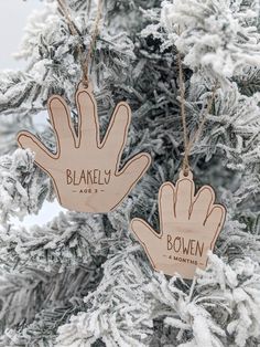 two wooden ornaments hanging from the branches of a christmas tree that says, bakery and bowlen