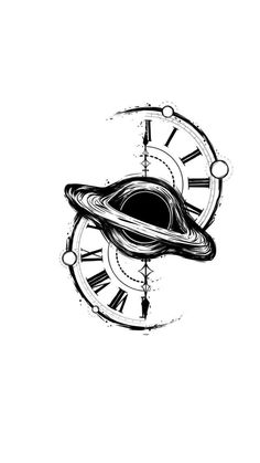 a black and white drawing of a saturn clock