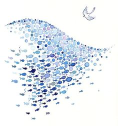 an image of blue bubbles floating in the air with a bird flying above them on a white background