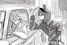 two anime characters are sitting in a car and one is talking on the phone while the other looks at her