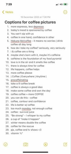 the coffee menu on an iphone, with captions for coffee pictures and other words