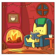 a cat sitting in a chair reading a book next to a fire place with a cup on it