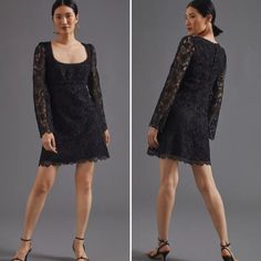 Anthropologie Maeve Embroidered Lace Mini Dress Size: Us 0 / Uk 4 Petite Color: Black Bell Sleeves, Intricate Embroidery, And A Dainty Feminine Silhouette - The List Of Things To Love About This Dress Is Endless. - Polyester; Viscose Lining - Embroidered Lace Detail - Bell Sleeves - Mini Silhouette - Back Zip - Machine Wash - Falls 33.25" From Shoulder; Hem Hits Above The Knee Fall Evening Dress With Scalloped Lace, Scalloped Lace Evening Dress For Fall, Lace Cocktail Dress For Fall, Long Sleeve Flowy Dress, Denim Chambray Dress, Blue Floral Midi Dress, Nye Wedding, Orange Floral Dress, Peacock Dress