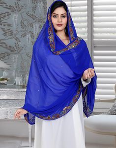 Traditional Blue Hijab For Eid, Blue Traditional Scarves For Festive Season, Festive Blue Traditional Scarf, Bohemian Blue Dupatta For Eid, Blue Shawl Scarf For Wedding, Georgette Hijab, Salwar Kameez Mens, Patiyala Dress, Modest Evening Dress