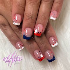 Summer Nails 4th July, Cute Summer Fourth Of July Nails, Fourth Of July Manicure, 4th Of July French Manicure, French Tip Fourth Of July Nails, Forth Of July Nail Art Designs, Patriotic French Tip Nails, Nails 4th Of July Simple, Fourth Of July French Tip Nails