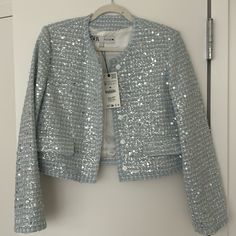 Zara Light Blue Sequined Jacket Nwt Medium Zara Light Blue Long Sleeve Outerwear, Zara Light Blue Spring Blazer, Zara Light Blue Blazer For Spring, Zara Light Blue Long Sleeve Blazer, Elegant Zara Cropped Jacket For Spring, Blue Evening Blazer For Spring, Zara Spring Evening Outerwear, Blue Winter Outerwear For Evening, Chic Blue Cropped Long Sleeve Jacket