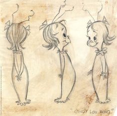 three children's drawings of the same person in different poses, one with horns on her head