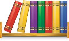 a row of colorful books sitting on top of a wooden book shelf in front of a white background