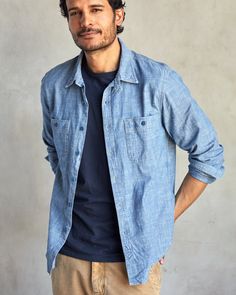 Finally, the chambray shirt you’ve been searching for. Classic heritage-inspired details throughout with an antique wash to achieve that incredibly soft, lived-in look and feel that only gets better with wear. Classic Dark Wash Chambray Shirt, Everyday Dark Wash Chambray Shirt, Men’s Chambray Shirt Outfit, Ok Logo, Washed Chambray Button-up Shirt, Medium Wash Chambray Button-up Blouse, Utility Shirt, Mens Short Sleeve Shirt, Chambray Shirt