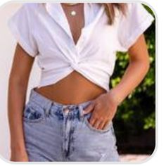 Real Life Off White Button Up Twist Crop Top Twist Crop Top, Neon Yellow Shorts, Simple Top, Small Crop Tops, White Button Up, Cropped Tops, Distressed Denim Jeans, Summer Fashion Outfits, Cropped Style