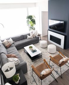 a living room filled with furniture and a flat screen tv mounted on the wall above it