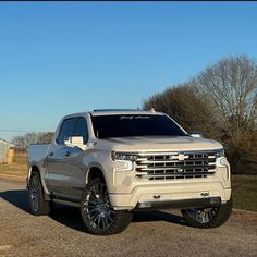 the silver truck is parked on the side of the road in front of some trees