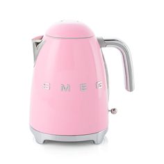 a pink toaster with the word smeg on it's front and side