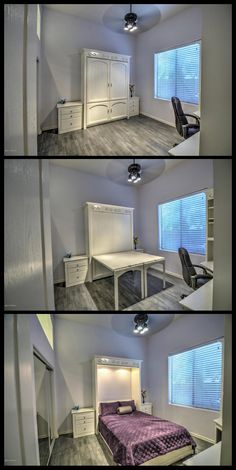 four different shots of a bedroom with bed, desk and dresser in the same room