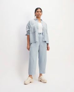 The TENCEL™ Utility Pant Chambray Blue – Everlane Versatile Relaxed Fit Wide Leg Pants For Everyday, Effortless Relaxed Fit Straight Leg Pants, Effortless Straight Leg Bottoms For Workwear, Effortless Straight Leg Pants For Workwear, Versatile Elevated Casual Wide Leg Pants With Pockets, Spring Workwear Cargo Pants With Patch Pockets, Effortless Straight Leg Cotton Pants, Relaxed Straight Leg Work Pants, Versatile Everyday Pants With Pockets