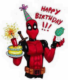 a drawing of deadpool holding a birthday cake