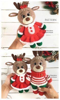 crochet christmas reindeer doll with red dress and green pants is shown in two different views