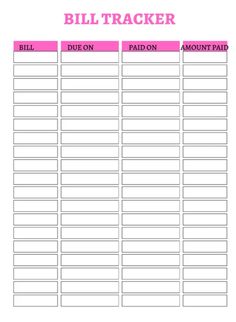 a pink and white bill tracker with the words bill tracker written in black on it