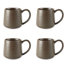 four brown coffee mugs sitting next to each other