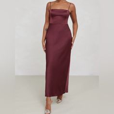 Nwt Smoke Free Fast Shipping Bundle To Save R Satin Dress With Straight Neckline For Dinner, Satin Dinner Dress With Straight Neckline, Dinner Dress With Satin And Straight Neckline, Fitted Burgundy Satin Dress, Dinner Dress With Fitted Bodice And Straight Neckline, Fitted Square Neck Midi Dress For Bridesmaid, Burgundy Spaghetti Strap Evening Dress, Elegant Burgundy Dress With Spaghetti Straps, Burgundy Fitted Maxi Dress For Bridesmaids